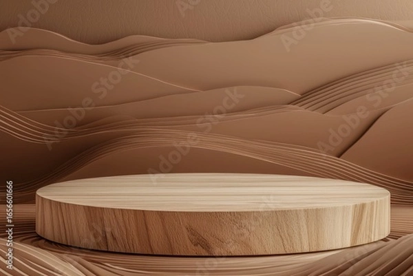 Fototapeta Product display on wooden podium, abstract brown shapes.