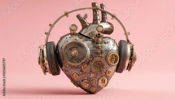 Obraz Vintage steampunk heart with integrated speakers against a gentle pink background for a soft touch.