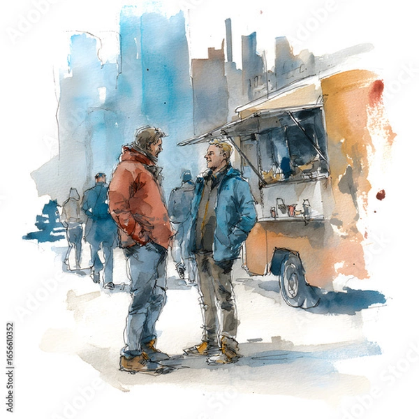 Fototapeta Two men engage in conversation while standing in front of a vibrant food truck. They are surrounded by a busy cityscape filled with pedestrians on a bright, sunny afternoon
