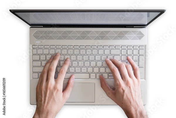 Fototapeta top view of a laptop on transparent background with hands typing on the keyboard