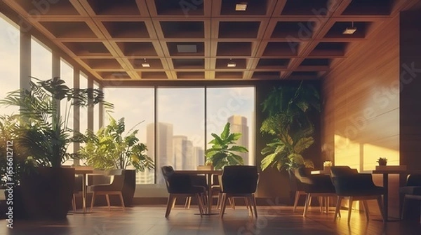 Fototapeta Interior space with wooden ceiling grid plants tables and chairs overlooking city skyline through windows