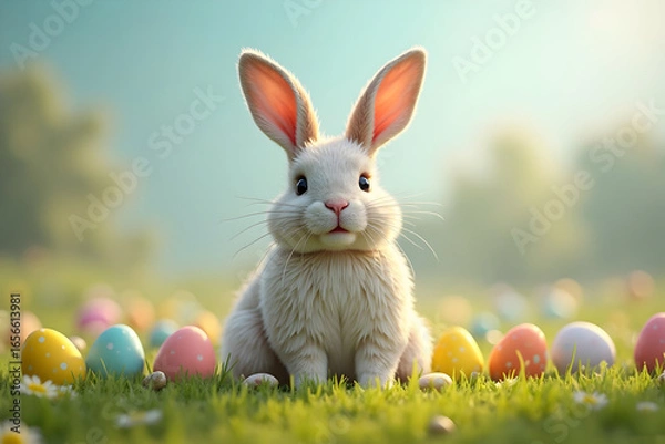 Fototapeta Bunny Sitting in Meadow with Decorated Eggs Springtime