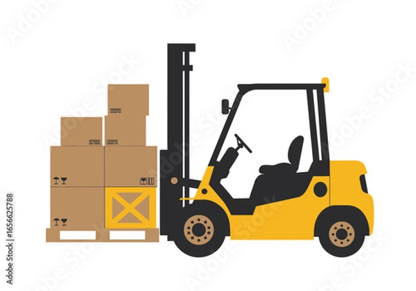 Obraz A yellow forklift carries a stack of cardboard boxes on a wooden pallet