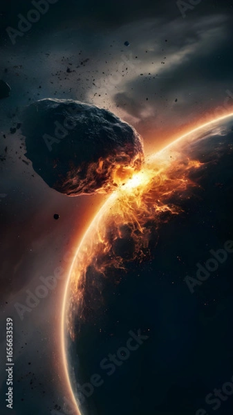 Fototapeta Dramatic asteroid collision with planet, a science fiction illustration of space catastrophe, an apocalyptic explosion of fire and energy in cosmos