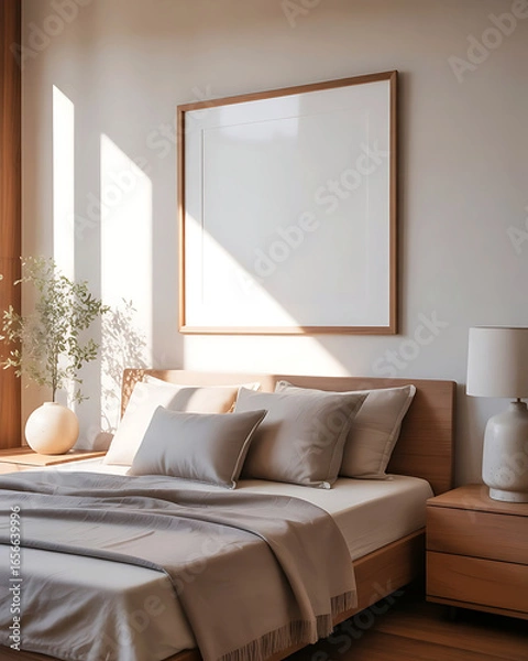 Obraz Sunlit bedroom with a large framed empty picture frame above a neatly made bed
