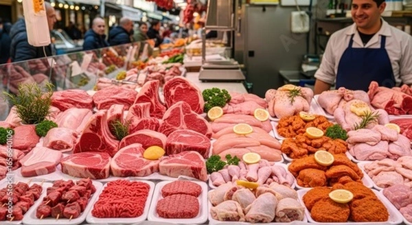 Fototapeta Vibrant display of fresh raw meat cuts including beef and poultry at a traditional butcher shop stall.