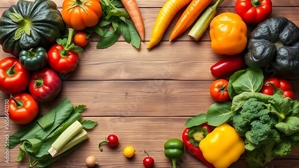Obraz Fresh vegetables arranged in a heart shape on a rustic wooden table, showcasing natural colors.