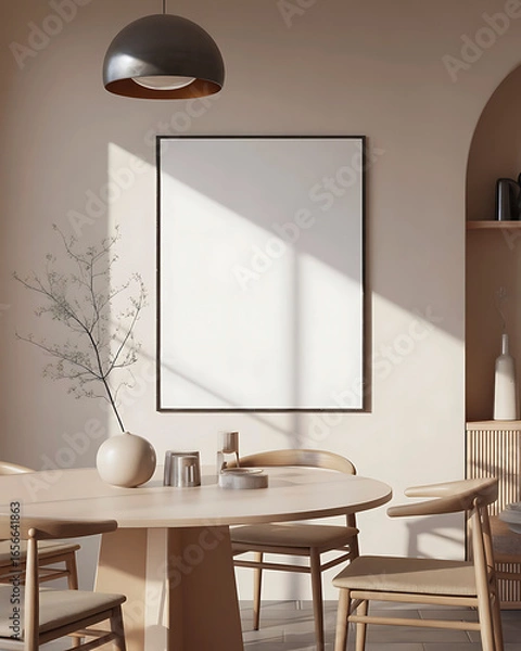 Fototapeta Modern dining room with a round wooden table and chairs bathed in warm sunlight from a window