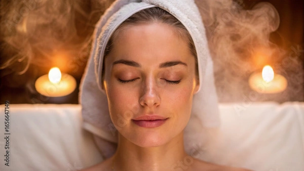 Obraz Winter wellness retreat for relaxation and healing. Relaxed woman enjoying a spa treatment with candles and steam in a serene atmosphere.