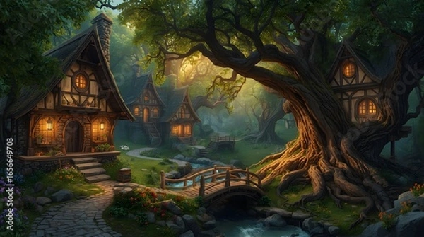 Fototapeta Enchanted Village with Gingerbread Houses and Tree Trunks at Dusk