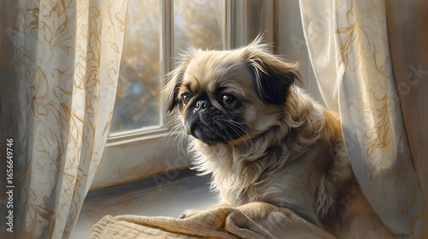 Fototapeta Sad Pug Looking Out Window