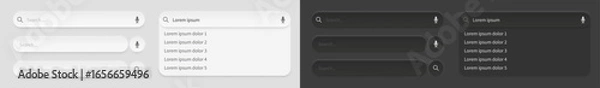 Obraz Vector search bar UI kit in light and dark neumorphic style with microphone and magnifying glass icons, dropdown results and rounded input fields for modern web, mobile apps, and interface design