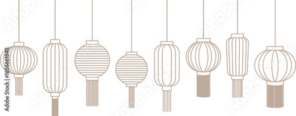 Fototapeta Hanging Beige Chinese Lanterns Set, Oriental Style, Festive Elements Decoration