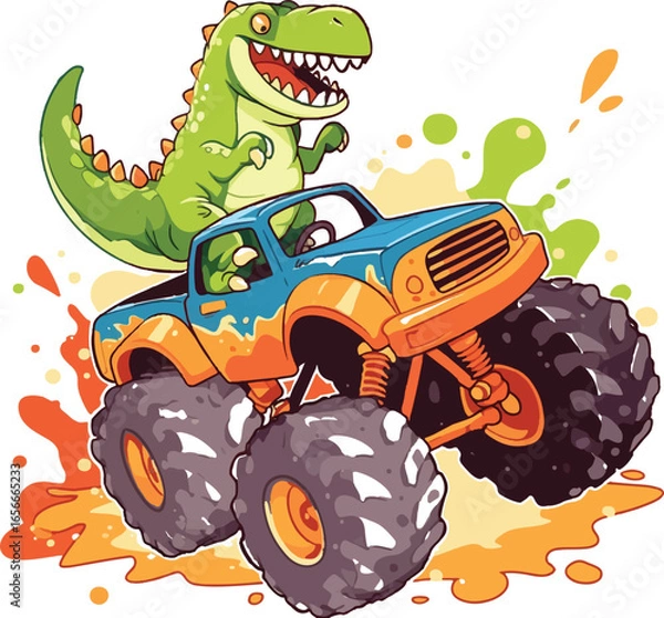 Fototapeta Dinosaur Monster Truck Adventure: A vibrant illustration captures the thrill of a playful dinosaur driving a massive monster truck, set against a colorful, splashy backdrop.
