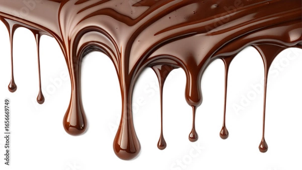 Obraz Close-up of melted dark chocolate dripping in various sizes and shapes against a pure white background.