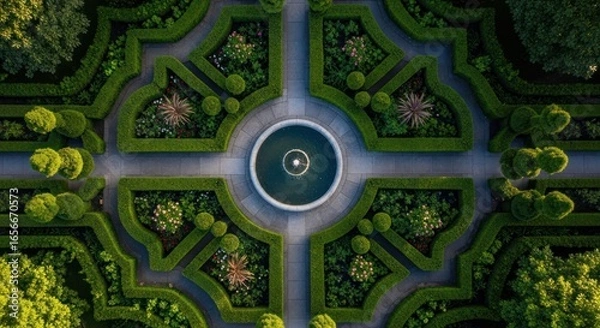 Fototapeta Aerial view of meticulously landscaped formal garden with hedges, pathways, and a central fountain