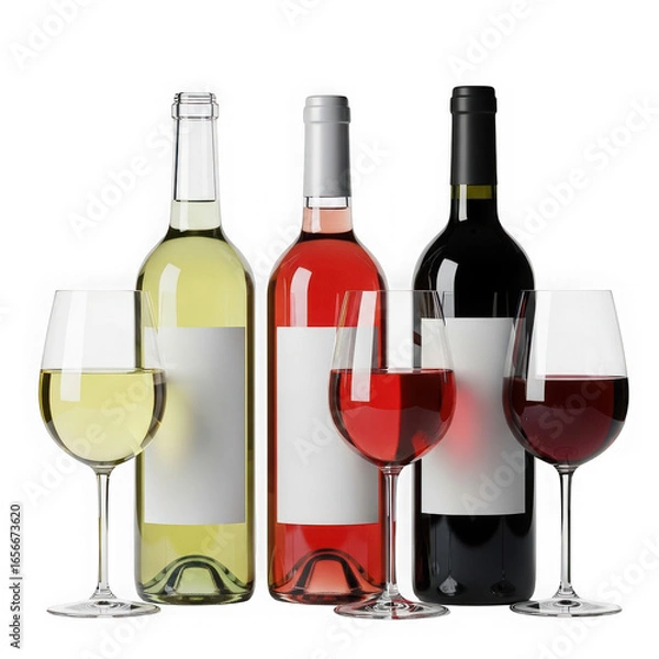 Fototapeta Three bottles of red, white, and rose wine with glasses filled with wine, isolated on transparent background