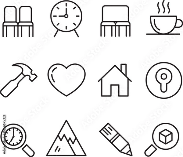 Fototapeta Minimal outline vector icon set with chair, clock, coffee cup, hammer, heart, house, key, magnifying glass, mountain, pencil, and 3D cube for business, lifestyle, and home design concepts