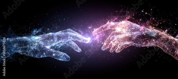 Fototapeta Two ethereal hands, glowing with cosmic particles, reaching towards each other
