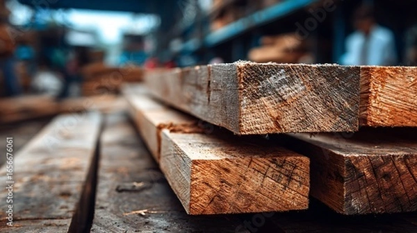 Obraz Stack of Raw Wood Planks at Lumber Yard for Carpentry Projects