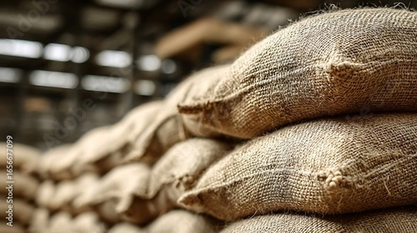 Obraz Stacked Burlap Sacks in Warehouse with Tan Woven Texture