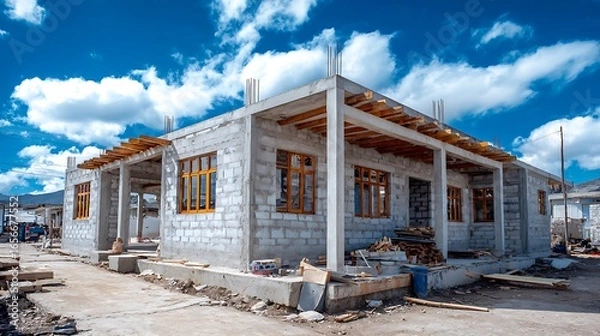 Obraz Building Construction Underway with Concrete Structure and Blue Cloudy Sky