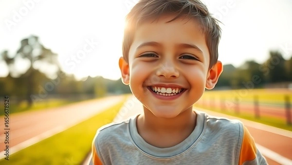 Obraz A cheerful boy enjoying summer sunshine with a blurred park racetrack behind him, radiating happiness.