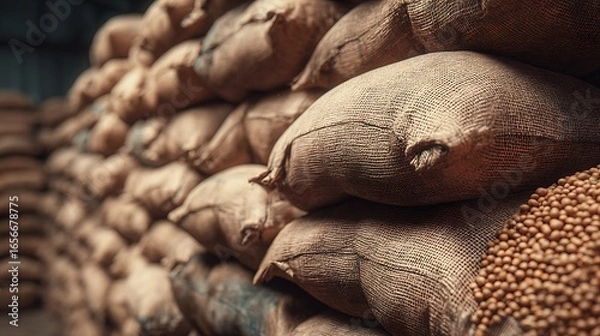 Obraz Sacks Pile Brown Burlap Bags Filled with Tan Beans Storage