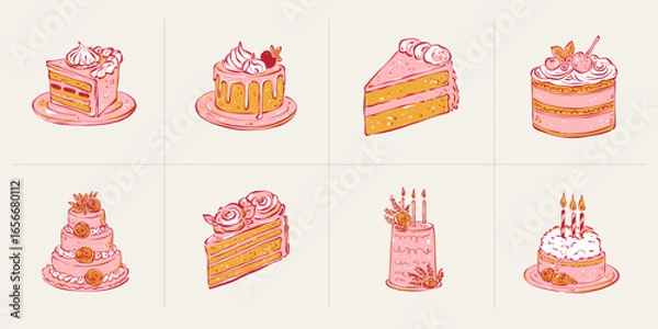 Obraz Set of minimalist vector illustrations of cakes and desserts. Hand-drawn line art in modern style, stylish sweet design elements on light background.