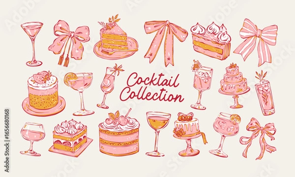 Obraz Set of minimalist vector illustrations: cakes, desserts, cocktails, and bows. Hand-drawn line art in modern style on a light background.