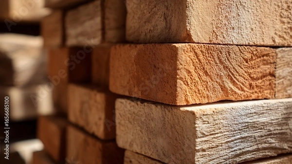 Obraz Stacked Red Bricks with Rough Texture in Warm Sunlight