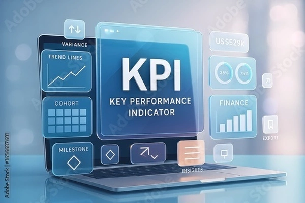 Fototapeta A laptop computer displays a user interface with various key performance indicators, including trend lines, cohort analysis, milestones, and financial data.