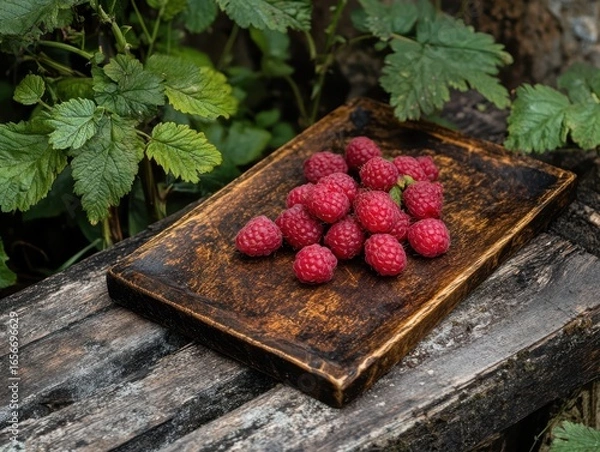 Fototapeta A raspberries on the board in the garden.