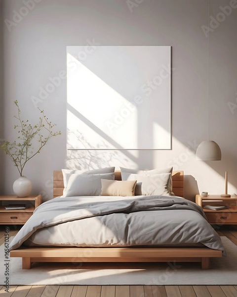 Fototapeta Sunlight streams across a modern bedroom with a minimalist platform bed and blank canvas art