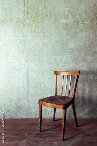 Fototapeta Vintage wooden chair with fabric seat standing against an old textured concrete wall and wooden floor. Minimal rustic interior with retro atmosphere, perfect for design projects, backgrounds