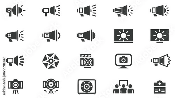 Fototapeta Media communication and broadcasting icons set with megaphone, loudspeaker, spotlight, camera, monitor, film, news, video and presentation symbols