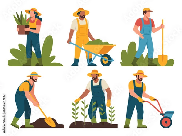 Fototapeta Diverse farmers engaged in various agricultural tasks with plants and tools
