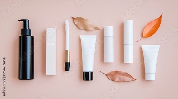 Fototapeta Minimalist Beauty Products Arrangement with Autumnal Leaves on Peach Backdrop