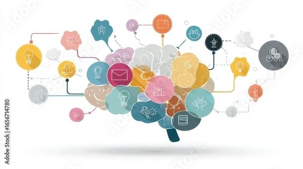 Fototapeta A creative mind map chart clipart, brainstorming process element, colorful connected nodes, flat design, isolated on white background.