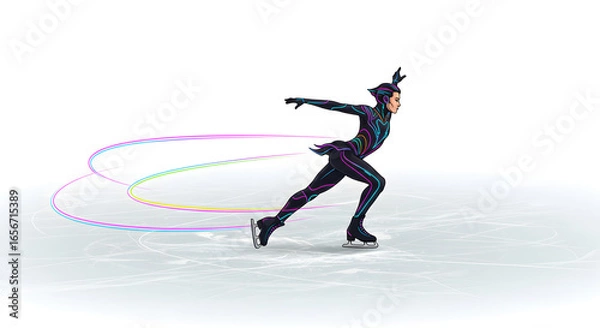 Fototapeta Dynamic illustration of a graceful figure skater in a colorful costume performing on ice, with vibrant light trails capturing speed and artistic motion