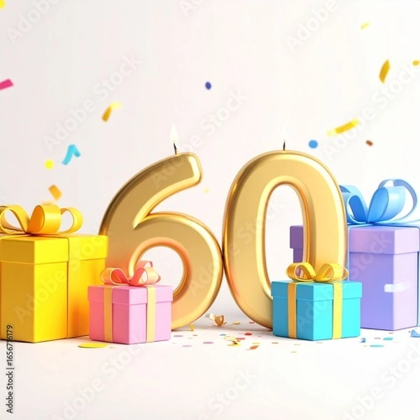 Fototapeta Nicely wrapped presents and gift boxes with number 60. Photo for birthday or anniversary party
