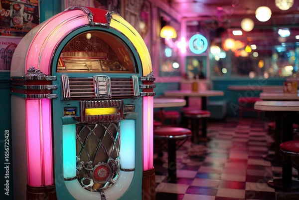 Obraz Retro jukebox in vibrant 1950s diner with neon lights and checkered floor