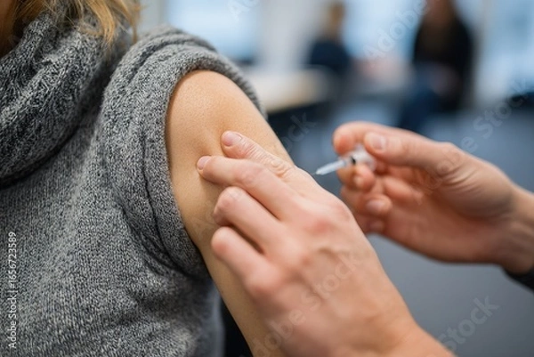 Fototapeta Healthcare professional administers vaccination to patient in a modern clinic setting during daytime