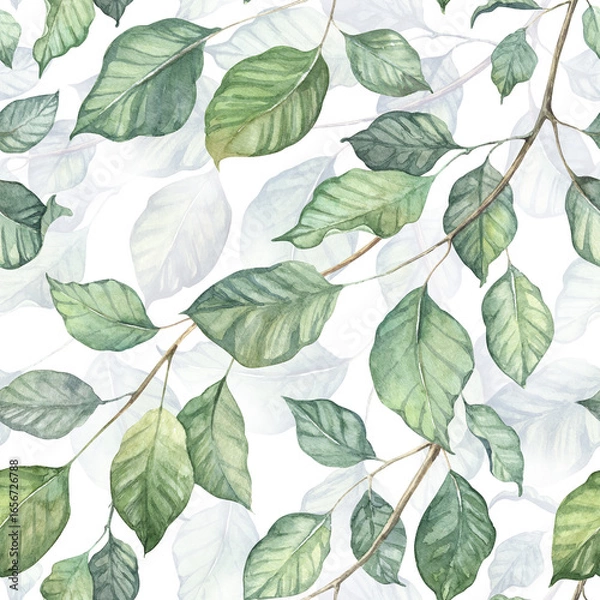Fototapeta Square seamless pattern with detailed realisitc green leaves, ivy vines. Watercolor hand painted wallpapers design with nature motif, botany plants
