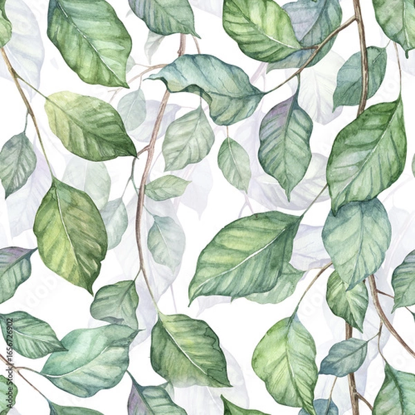 Fototapeta Square seamless pattern with detailed realisitc green leaves, ivy vines. Watercolor hand painted wallpapers design with nature motif, botany plants