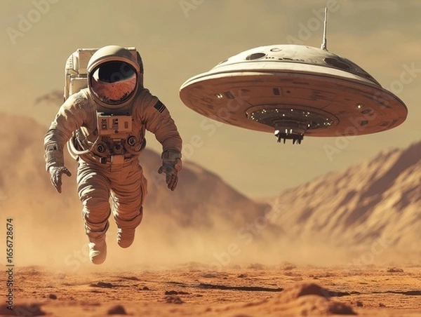 Fototapeta An astronaut is running away from alien plate.