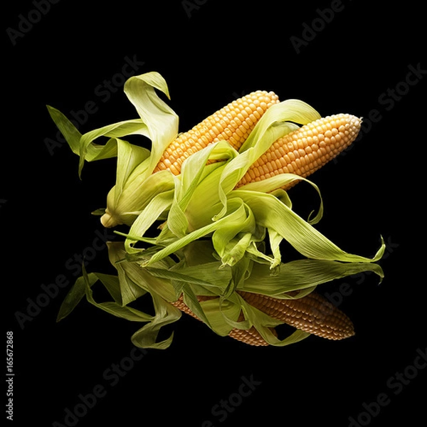 Obraz Two cobs of corn with leaves isolated on black