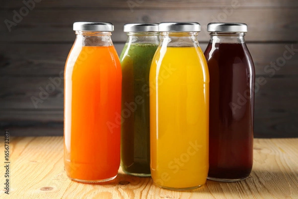 Fototapeta Tasty juices in glass bottles on wooden table against brown background, closeup