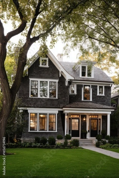 Fototapeta Charming two-story house with dark wood siding surrounded by lush greenery in a serene neighborhood during the golden hour