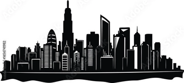 Obraz Iconic hong kong skyline silhouette on a clean white background perfect for cityscapes and travel themes